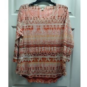 One World Women's Size Large Abstract Boho Embellished 3/4 Sleeves Top